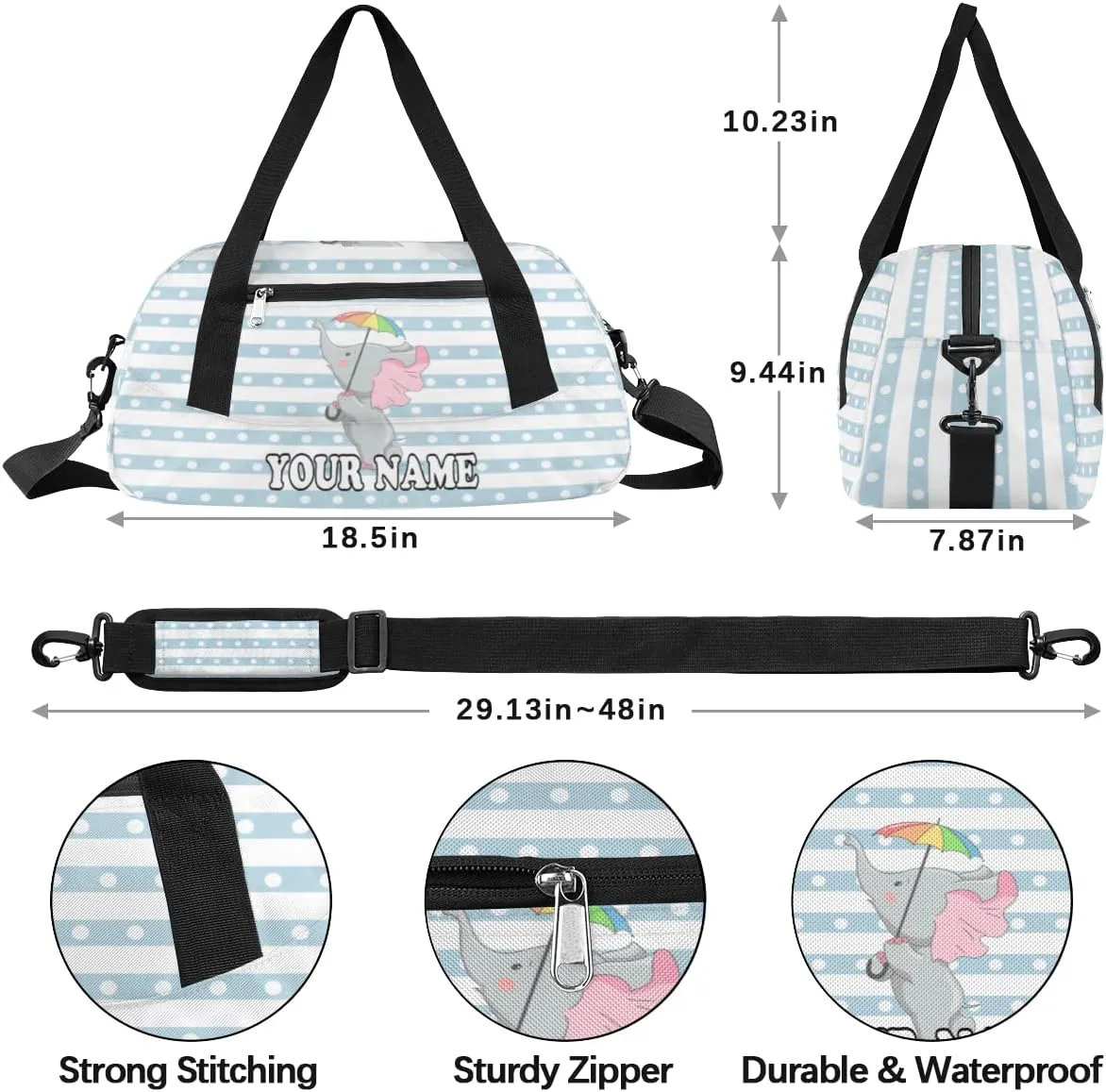 Custom Kids Duffel Overnight Bag Cute Elephant Personalized Kids Duffel Bag for Girls Boys Customized Kids Gifts - Animal Flower
