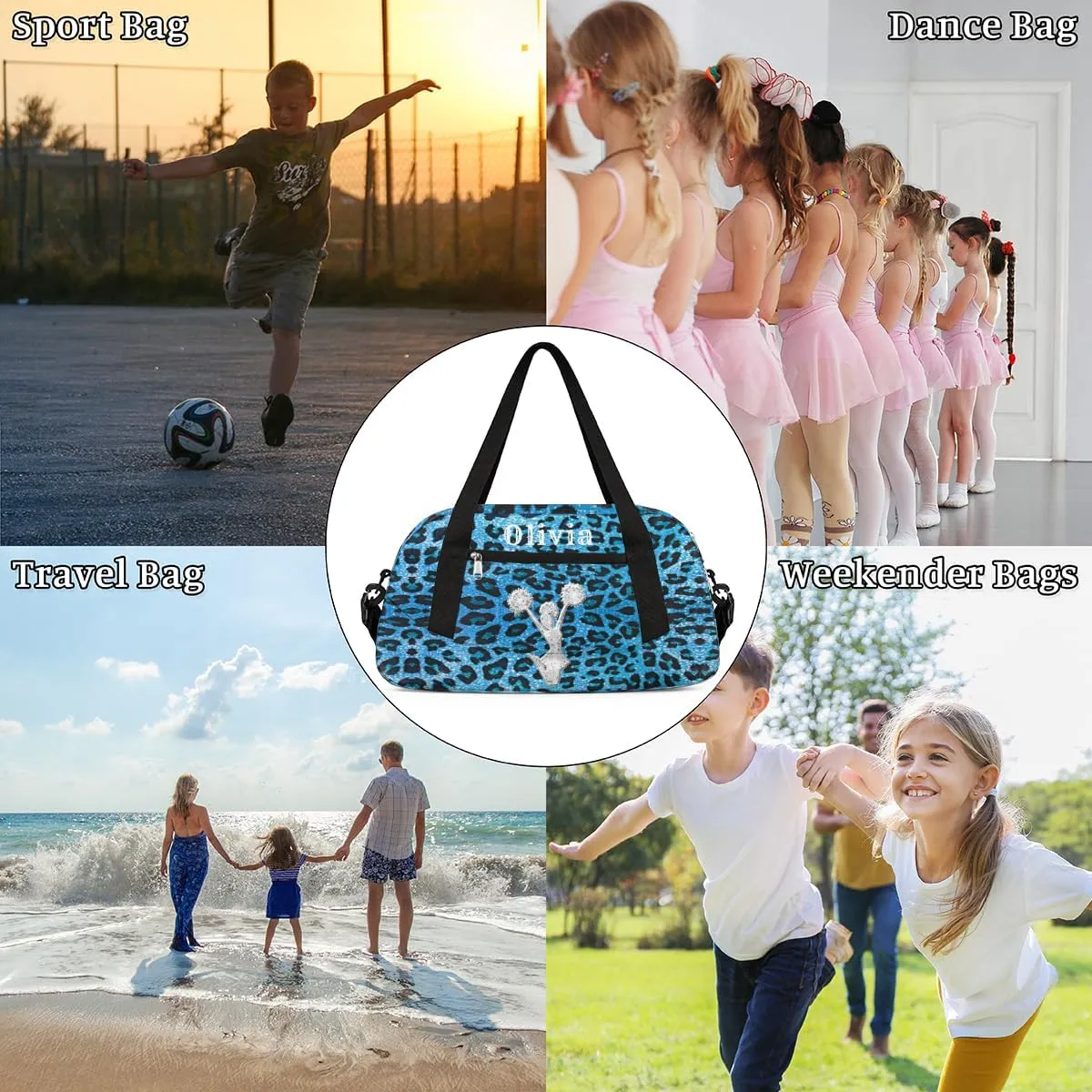 Custom Kids Duffel Overnight Bag Personalized Dance Bag Travel Duffel Bag for Girls Boys Customized Kids Gifts- Blue Cheap Cheer Cheerleading