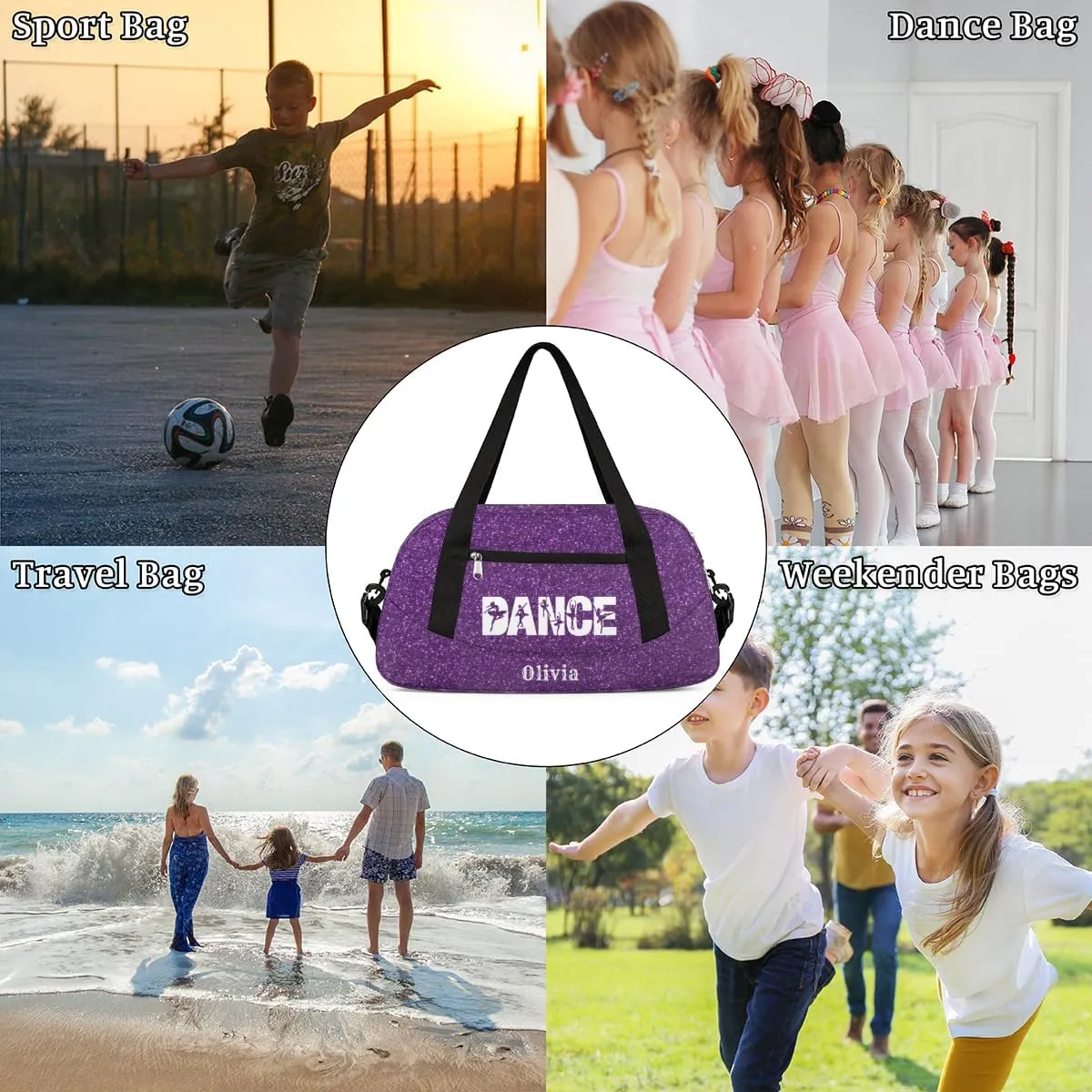Custom Kids Duffel Overnight Bag Personalized Dance Bag Travel Duffel Bag for Girls Boys Customized Kids Gifts- Cute Purple Dance