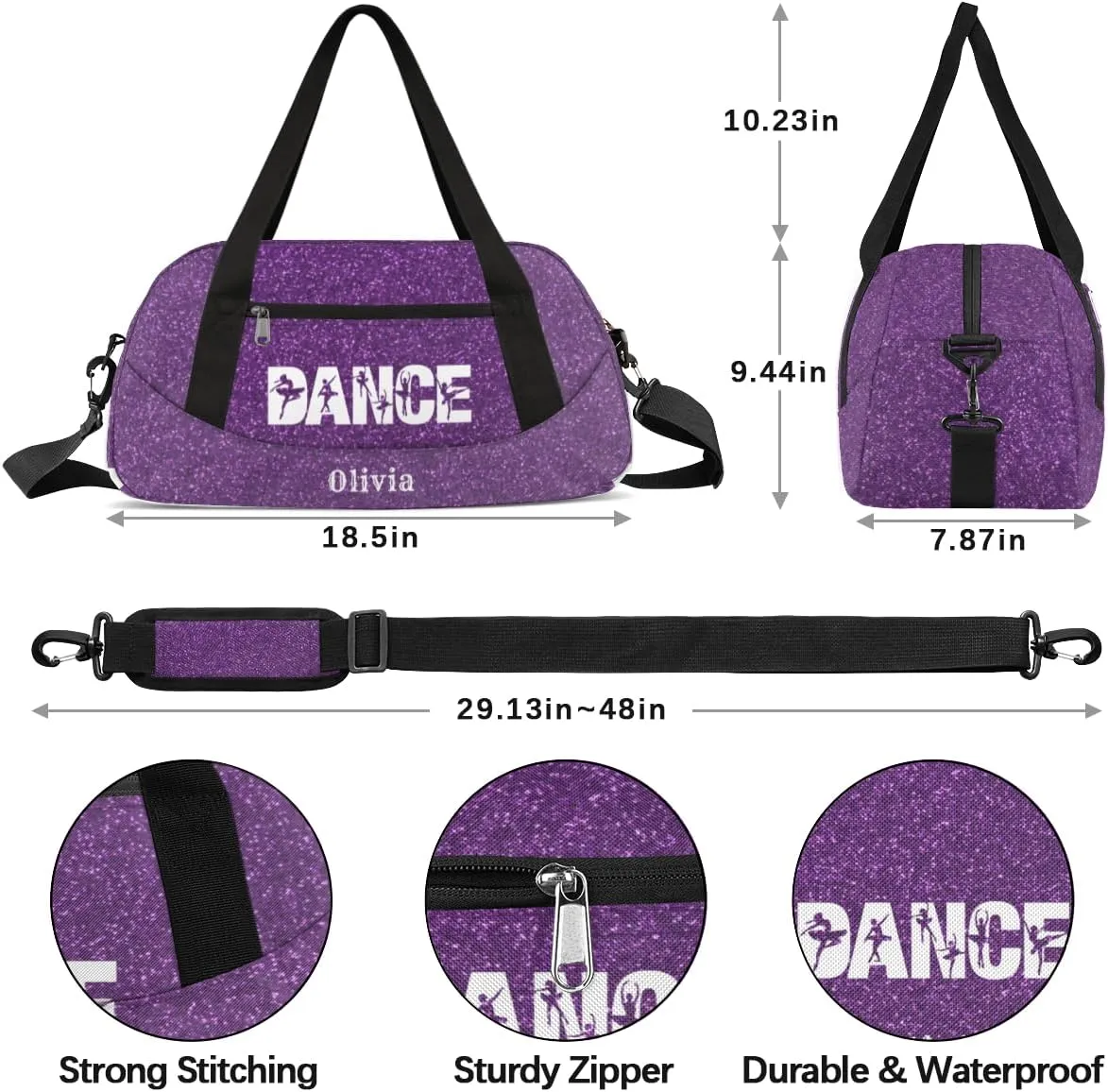 Custom Kids Duffel Overnight Bag Personalized Dance Bag Travel Duffel Bag for Girls Boys Customized Kids Gifts- Cute Purple Dance