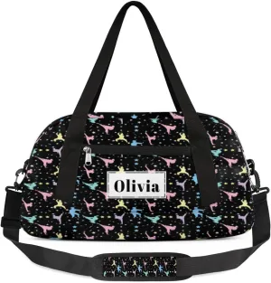 Custom Kids Duffel Overnight Bag Personalized Dance Bag Travel Duffel Bag for Girls Boys Customized Kids Gifts- Gymnast Stars Sparkles Black
