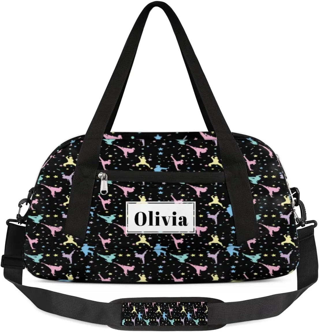 Custom Kids Duffel Overnight Bag Personalized Dance Bag Travel Duffel Bag for Girls Boys Customized Kids Gifts- Gymnast Stars Sparkles Black
