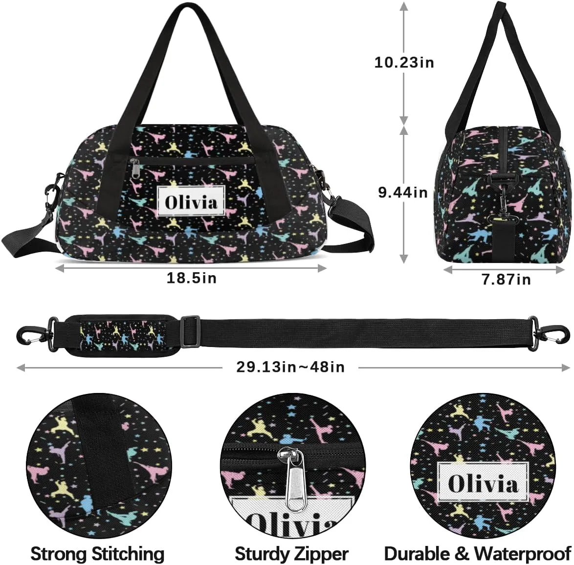 Custom Kids Duffel Overnight Bag Personalized Dance Bag Travel Duffel Bag for Girls Boys Customized Kids Gifts- Gymnast Stars Sparkles Black