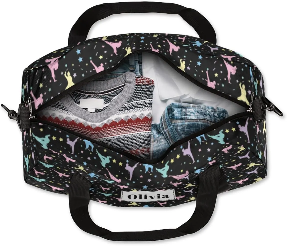 Custom Kids Duffel Overnight Bag Personalized Dance Bag Travel Duffel Bag for Girls Boys Customized Kids Gifts- Gymnast Stars Sparkles Black
