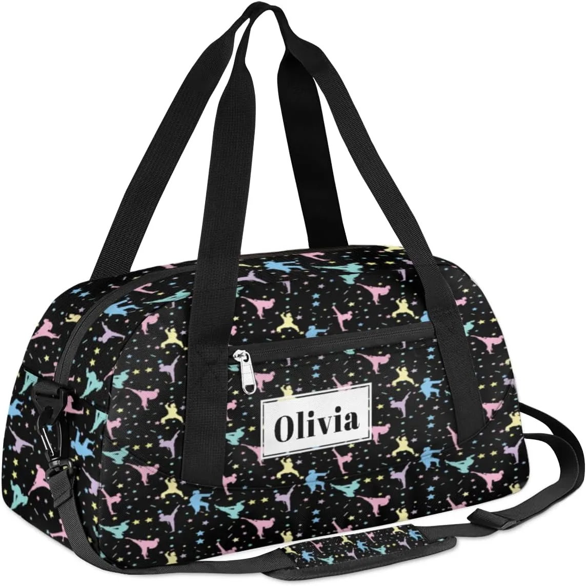 Custom Kids Duffel Overnight Bag Personalized Dance Bag Travel Duffel Bag for Girls Boys Customized Kids Gifts- Gymnast Stars Sparkles Black