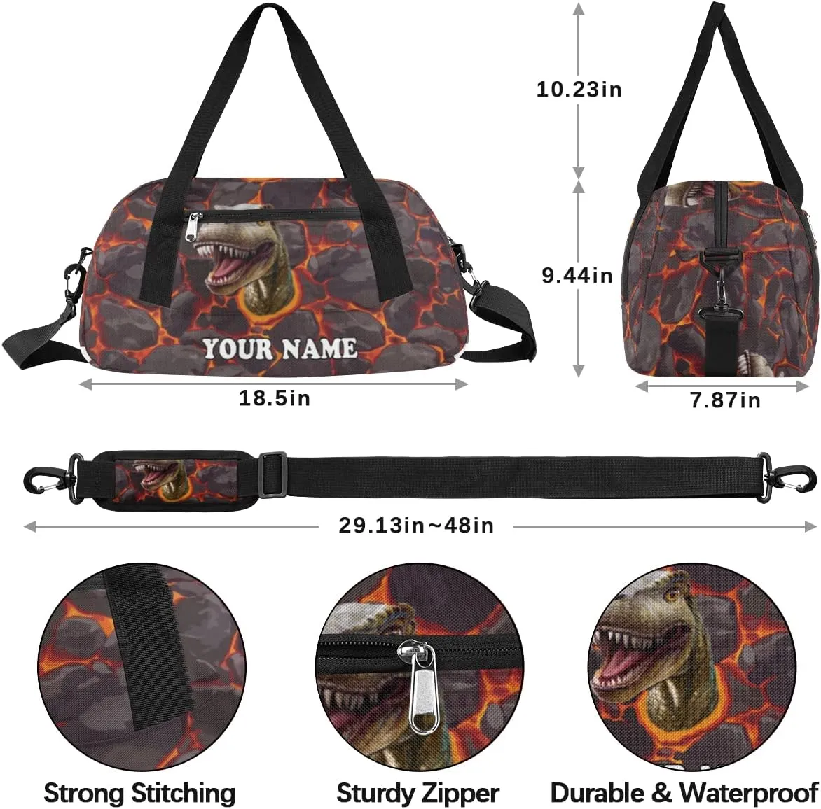 Custom Kids Duffel Overnight Bag Scary Dinosaur Personalized Kids Duffel Bag for Girls Boys Customized Kids Gifts - 3D Dinosaur Magma