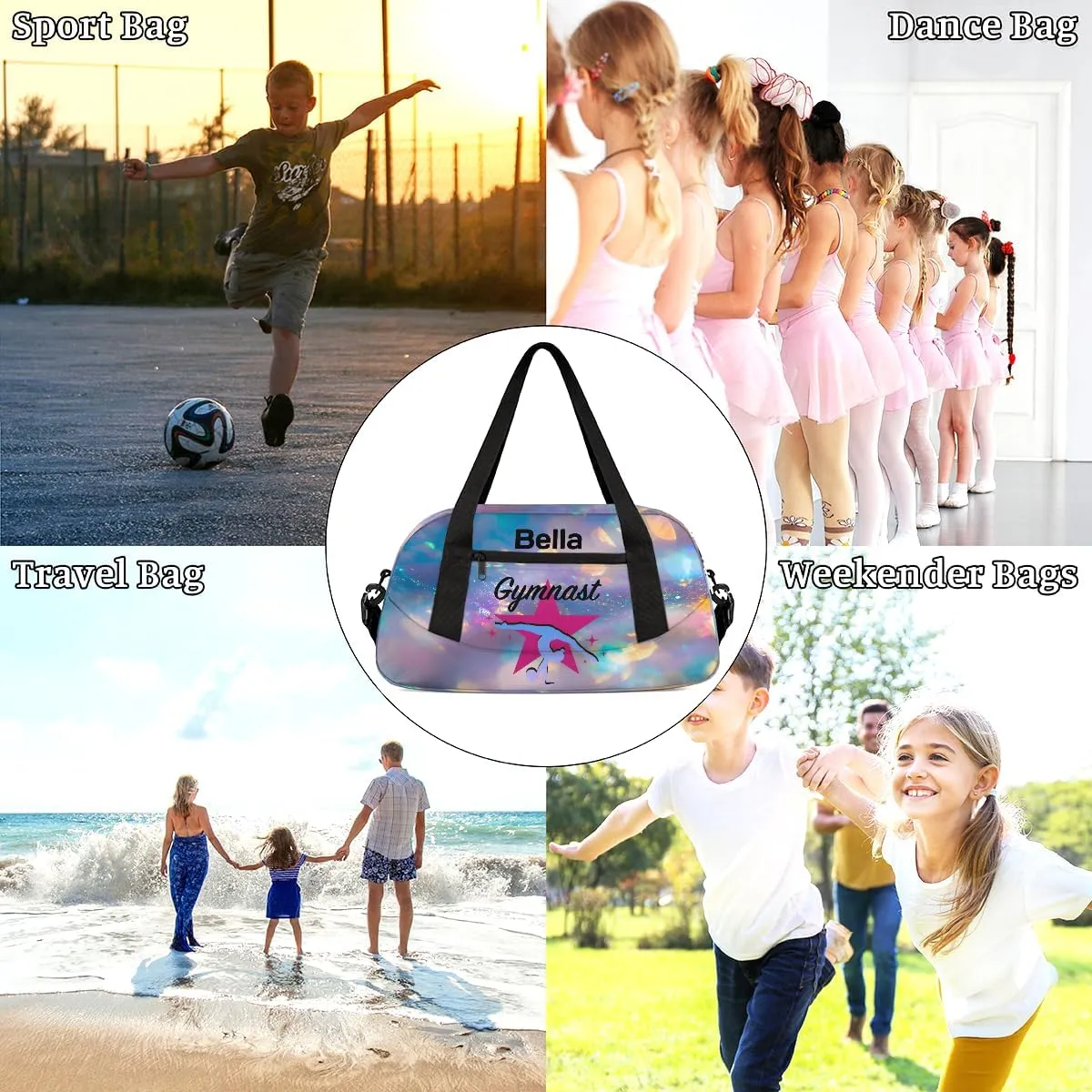 Custom Kids Sports Duffel Bag Iridexcent Glitter Gymnast Personalized Dance Gym Bag for Boys Girls Lightweight Weekender Travel Duffle Cheer Bag
