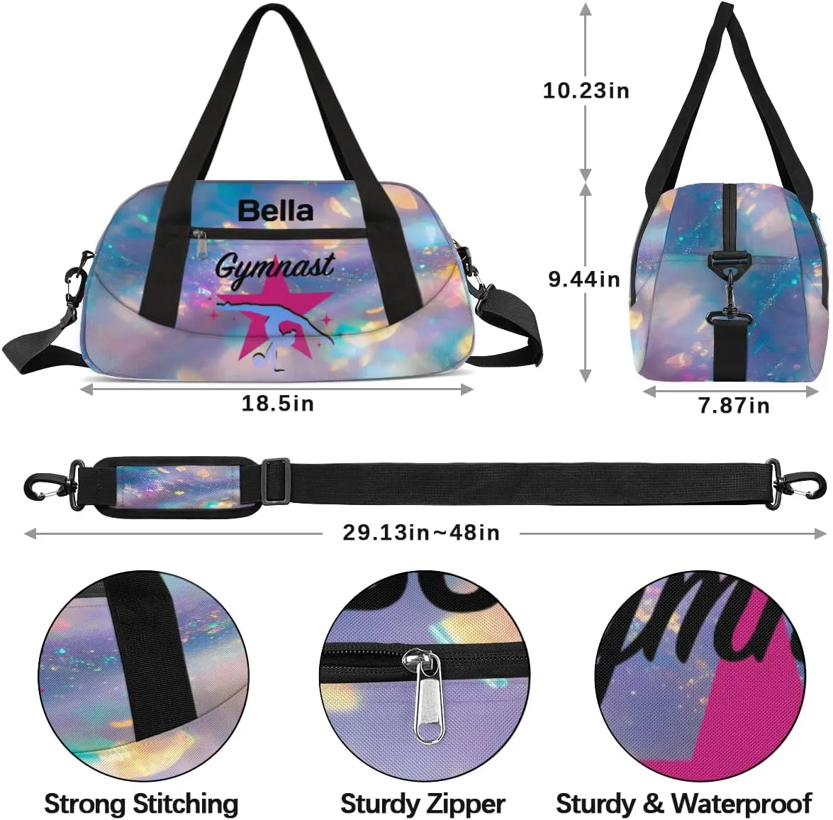 Custom Kids Sports Duffel Bag Iridexcent Glitter Gymnast Personalized Dance Gym Bag for Boys Girls Lightweight Weekender Travel Duffle Cheer Bag