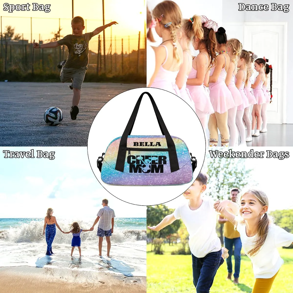 Custom Kids Sports Duffel Bag Rainbow Pastel Glitter Cheer Mom Personalized Dance Gym Bag for Boys Girls Lightweight Weekender Travel Duffle Cheer Bag