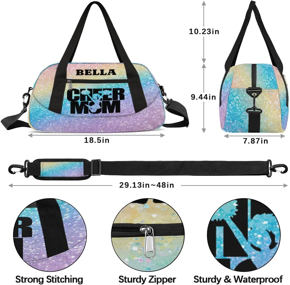 Custom Kids Sports Duffel Bag Rainbow Pastel Glitter Cheer Mom Personalized Dance Gym Bag for Boys Girls Lightweight Weekender Travel Duffle Cheer Bag