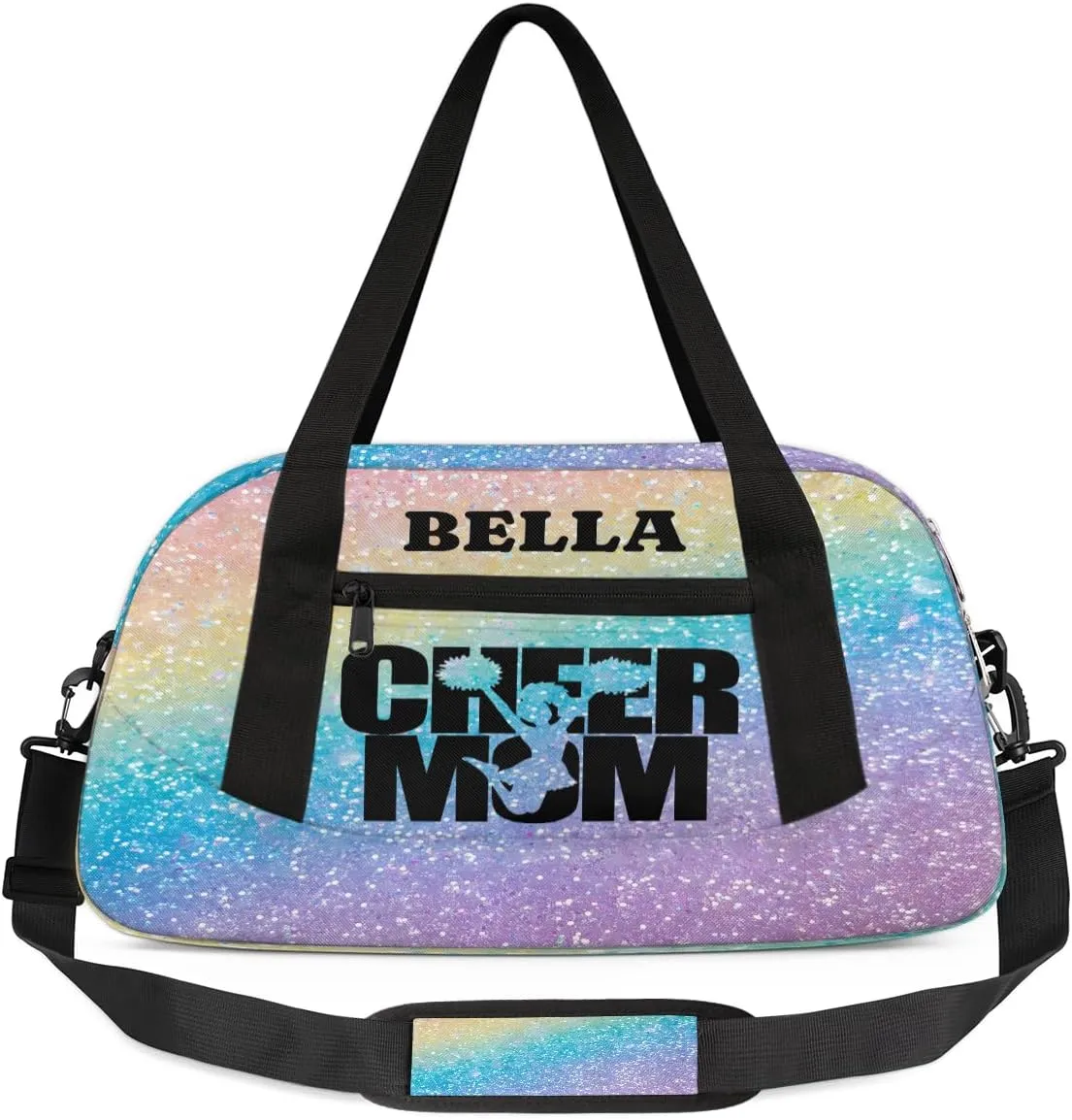 Custom Kids Sports Duffel Bag Rainbow Pastel Glitter Cheer Mom Personalized Dance Gym Bag for Boys Girls Lightweight Weekender Travel Duffle Cheer Bag