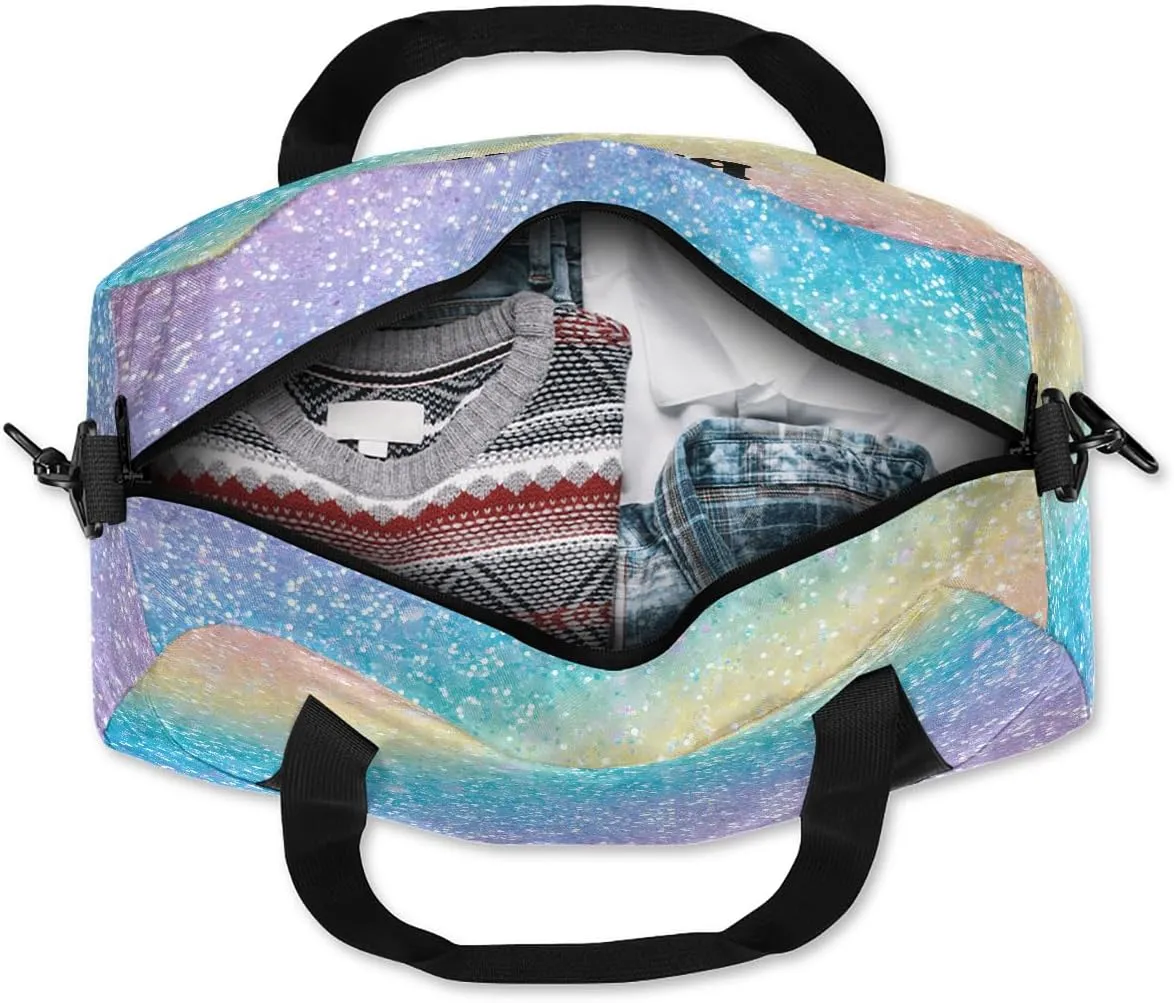 Custom Kids Sports Duffel Bag Rainbow Pastel Glitter Cheer Mom Personalized Dance Gym Bag for Boys Girls Lightweight Weekender Travel Duffle Cheer Bag