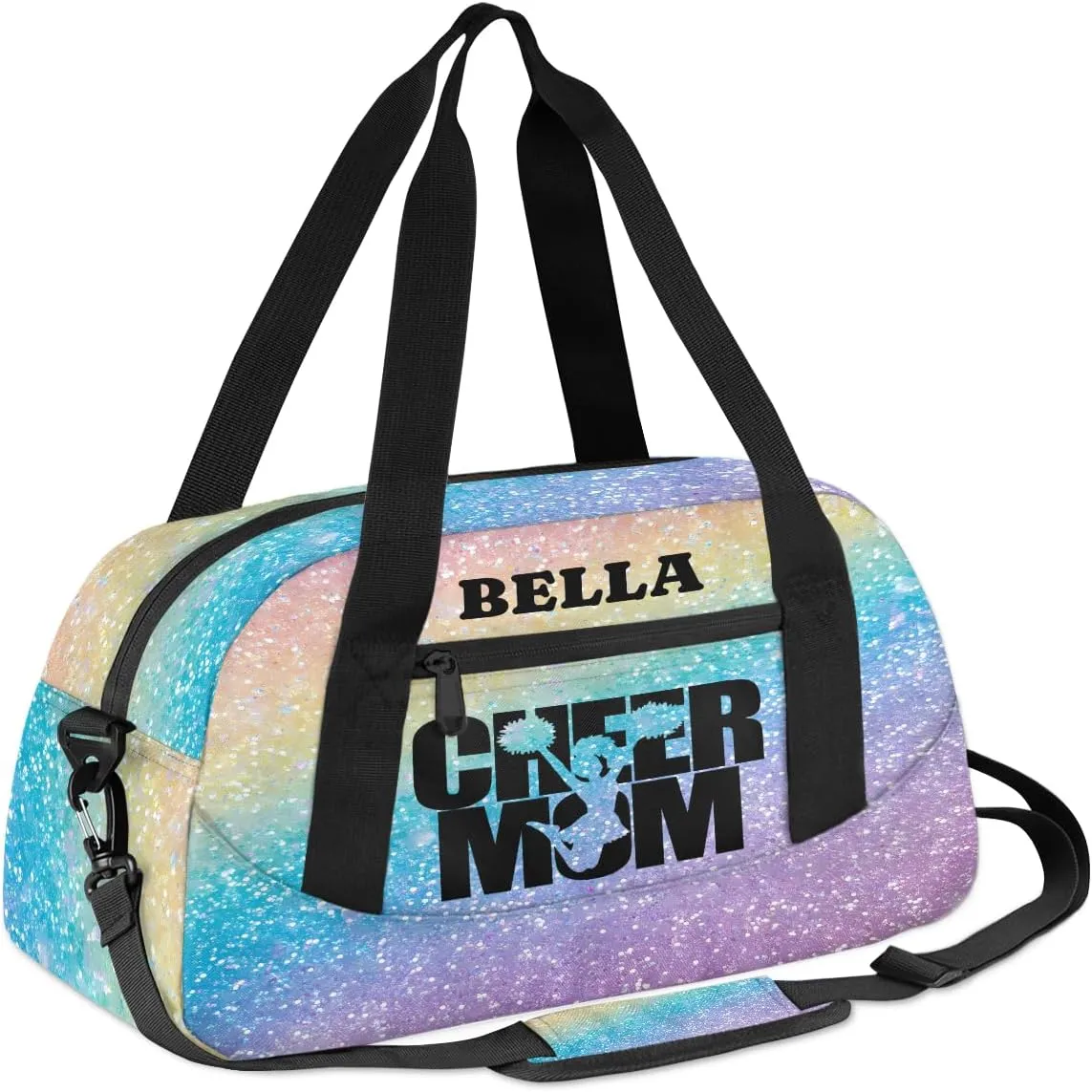 Custom Kids Sports Duffel Bag Rainbow Pastel Glitter Cheer Mom Personalized Dance Gym Bag for Boys Girls Lightweight Weekender Travel Duffle Cheer Bag