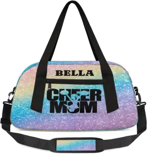 Custom Kids Sports Duffel Bag Rainbow Pastel Glitter Cheer Mom Personalized Dance Gym Bag for Boys Girls Lightweight Weekender Travel Duffle Cheer Bag