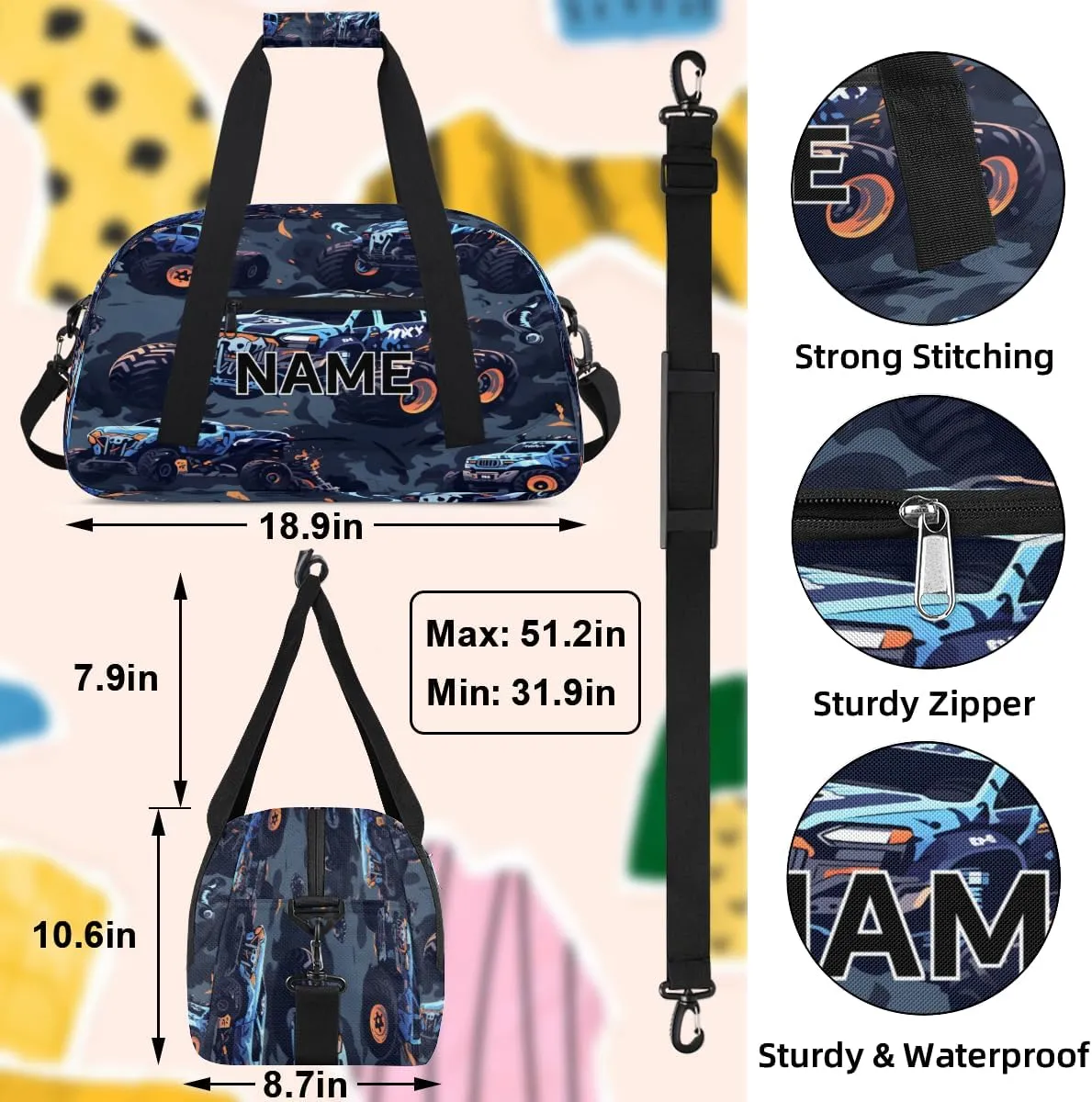 Custom Monster Truck Small Gym Bag 18 inch for Women Men Personalized Monster Truck Carry On Overnight Weekender Bag for Travel Work Dance Sport