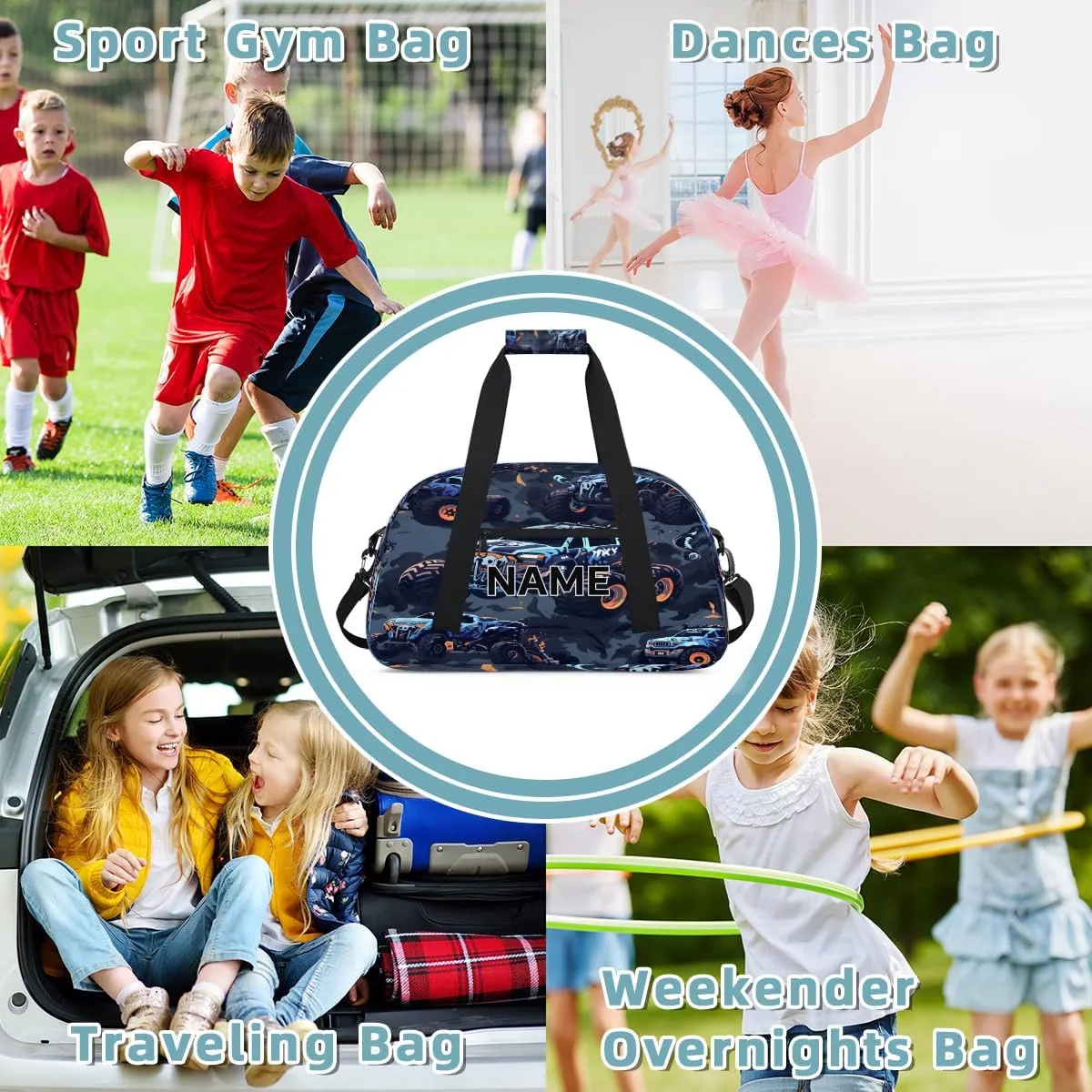 Custom Monster Truck Small Gym Bag 18 inch for Women Men Personalized Monster Truck Carry On Overnight Weekender Bag for Travel Work Dance Sport