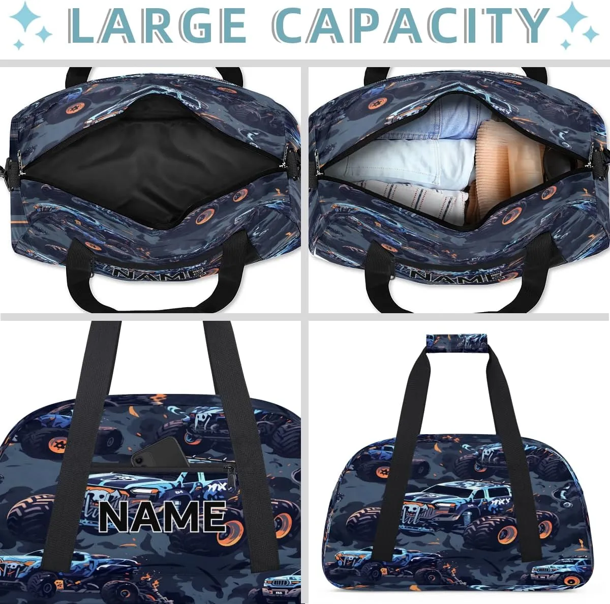 Custom Monster Truck Small Gym Bag 18 inch for Women Men Personalized Monster Truck Carry On Overnight Weekender Bag for Travel Work Dance Sport