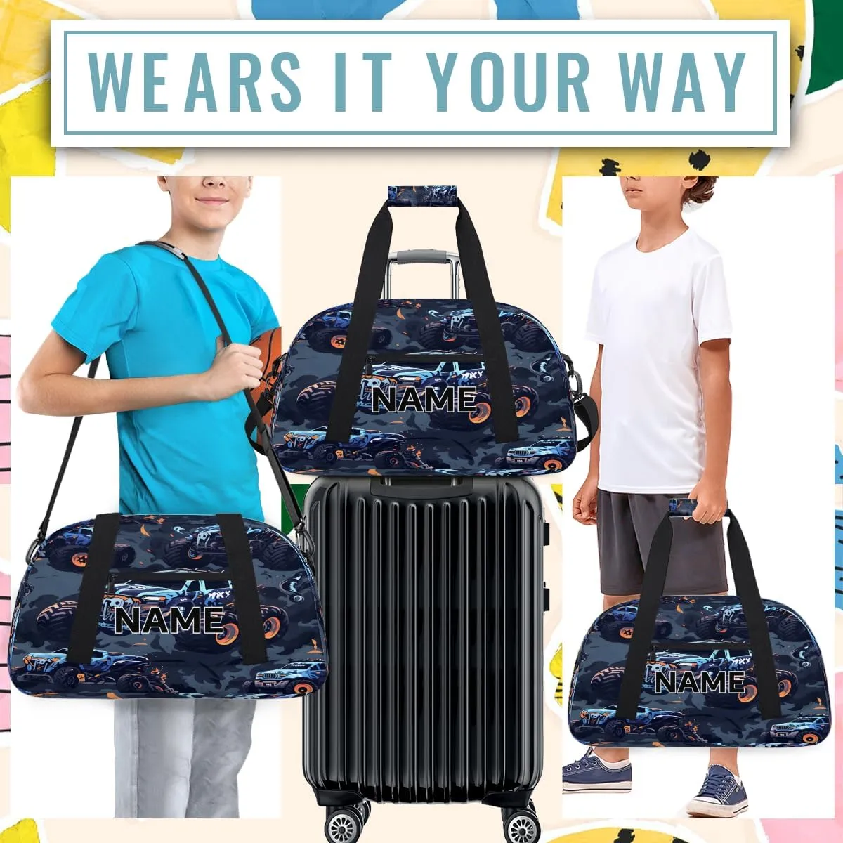 Custom Monster Truck Small Gym Bag 18 inch for Women Men Personalized Monster Truck Carry On Overnight Weekender Bag for Travel Work Dance Sport