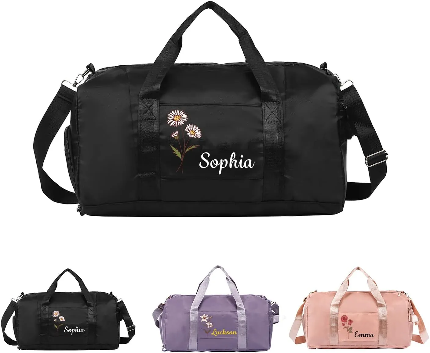 Custom Name & Birth Flower Duffle Bag Personalized Travel Bag for Women Customized Overnight Bag Sports Gym Bags Bridesmaid Gifts for Women (Black)