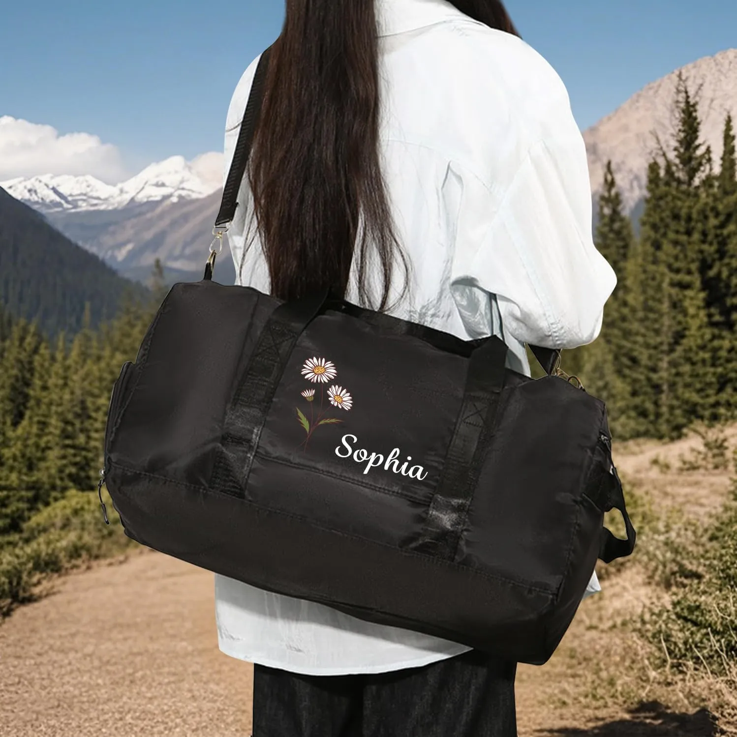 Custom Name & Birth Flower Duffle Bag Personalized Travel Bag for Women Customized Overnight Bag Sports Gym Bags Bridesmaid Gifts for Women (Black)
