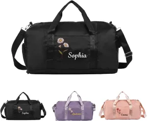 Custom Name & Birth Flower Duffle Bag Personalized Travel Bag for Women Customized Overnight Bag Sports Gym Bags Bridesmaid Gifts for Women (Black)