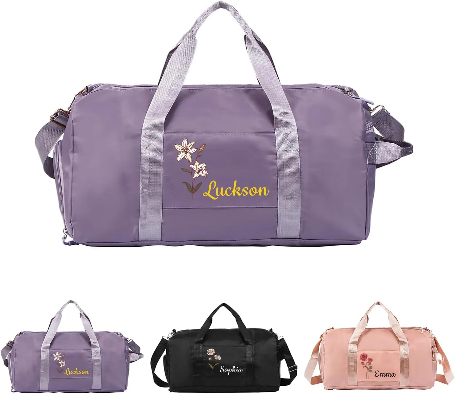 Custom Name & Birth Flower Duffle Bag Personalized Travel Bag for Women Customized Overnight Bag Sports Gym Bags Bridesmaid Gifts for Women (Purple)