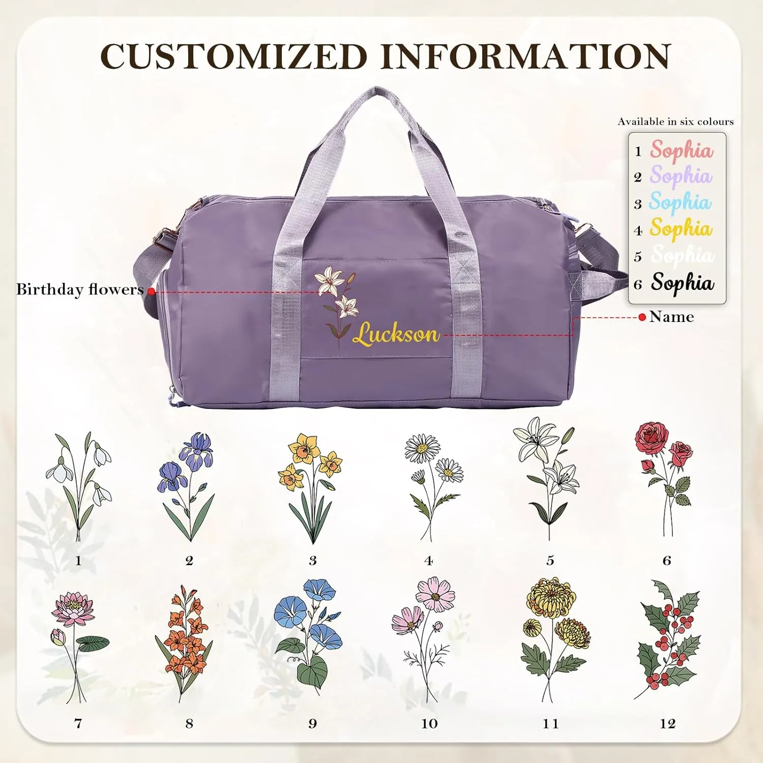 Custom Name & Birth Flower Duffle Bag Personalized Travel Bag for Women Customized Overnight Bag Sports Gym Bags Bridesmaid Gifts for Women (Purple)