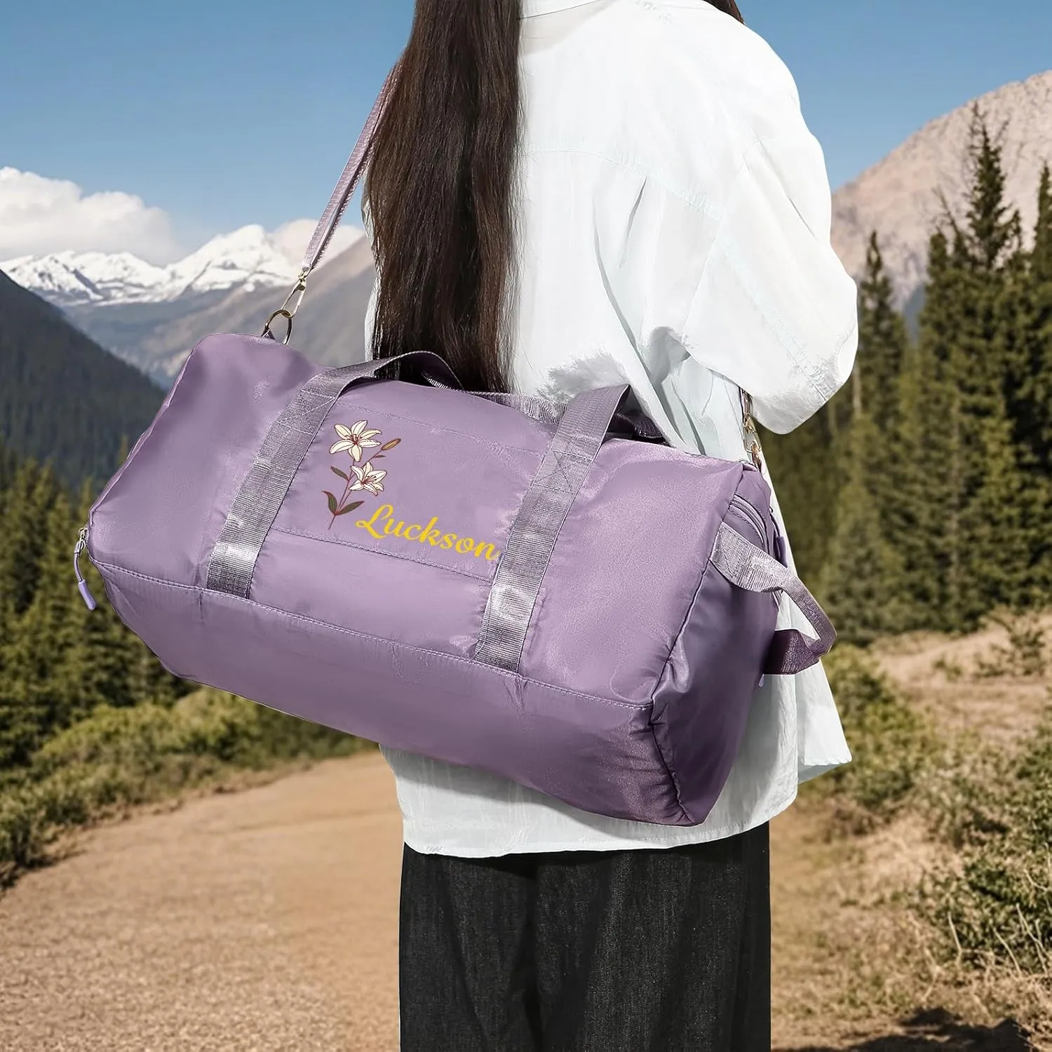 Custom Name & Birth Flower Duffle Bag Personalized Travel Bag for Women Customized Overnight Bag Sports Gym Bags Bridesmaid Gifts for Women (Purple)
