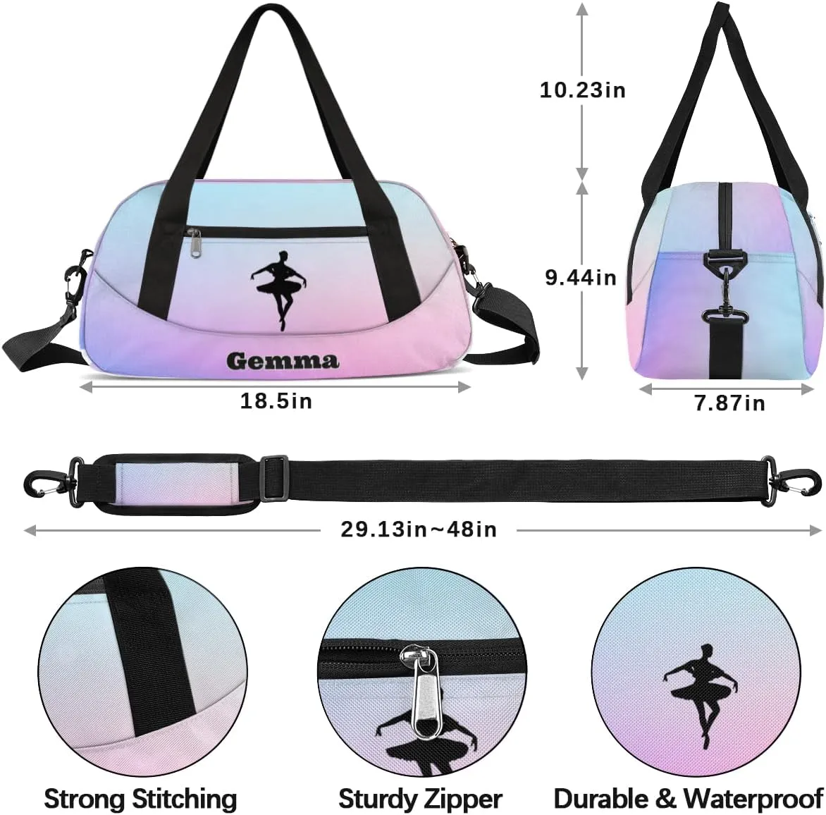 Custom Name Dance Bag for Girls Gym Sports Travel Bag Customized Overnight Weekender Carry on Duffel Bag