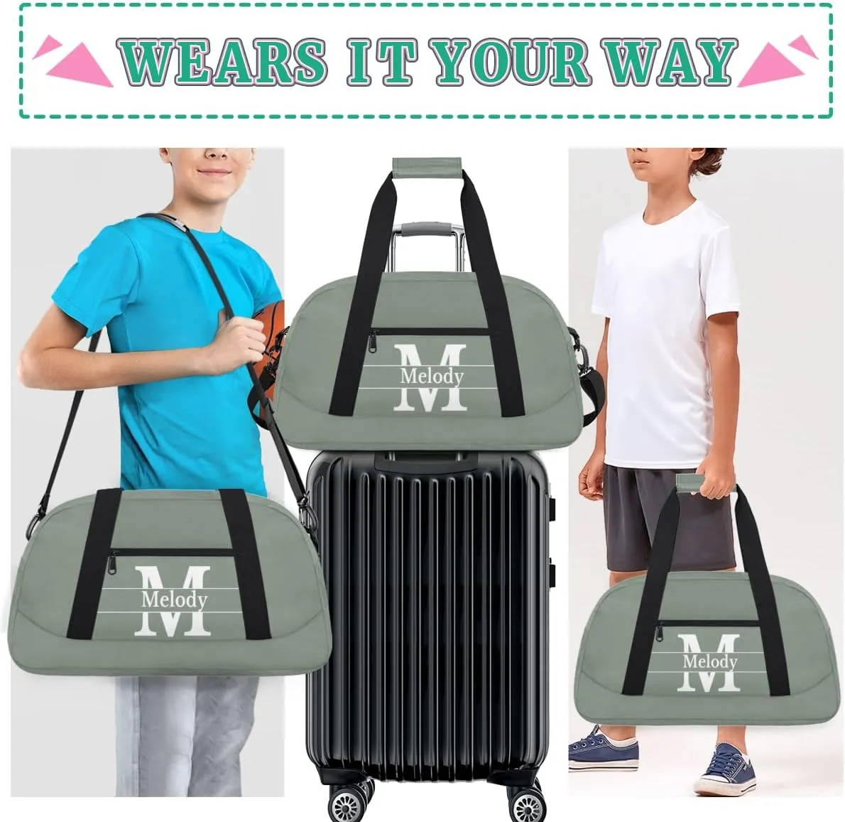Custom Name Dance Bag, Personalized Dark Matcha Green Background with Initial Name Gymnastics Sport Cheerleader Bag, Barrel Ballet Duffel Bag Women