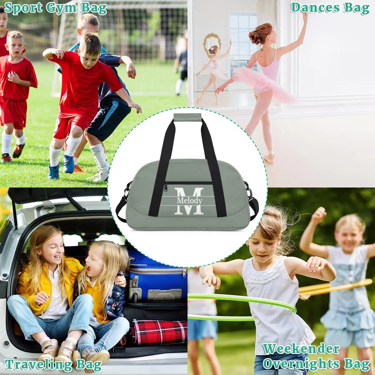 Custom Name Dance Bag, Personalized Dark Matcha Green Background with Initial Name Gymnastics Sport Cheerleader Bag, Barrel Ballet Duffel Bag Women