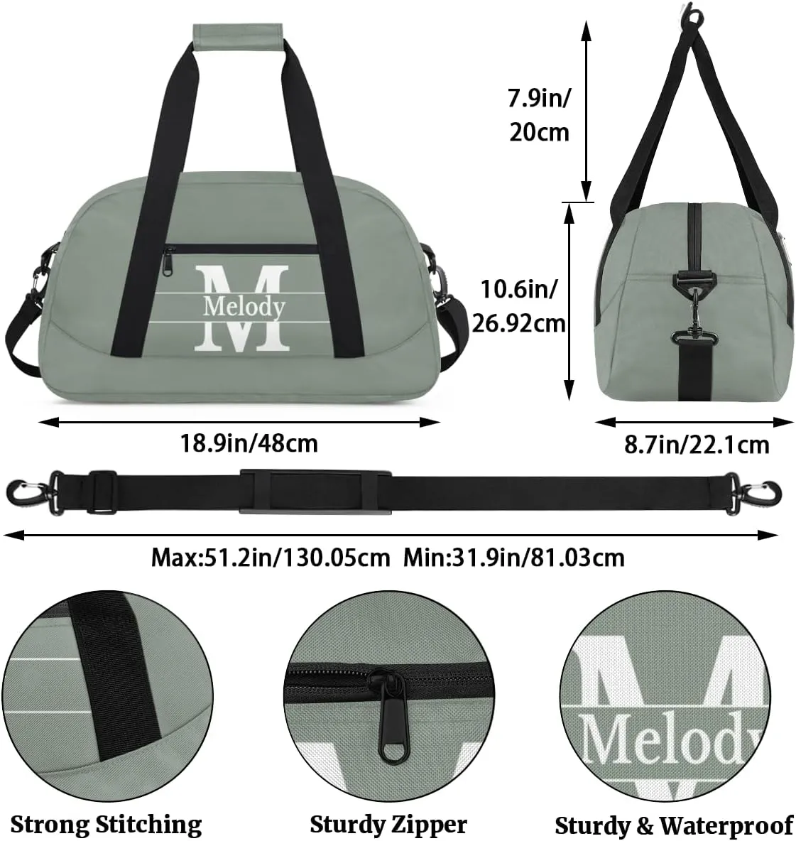 Custom Name Dance Bag, Personalized Dark Matcha Green Background with Initial Name Gymnastics Sport Cheerleader Bag, Barrel Ballet Duffel Bag Women