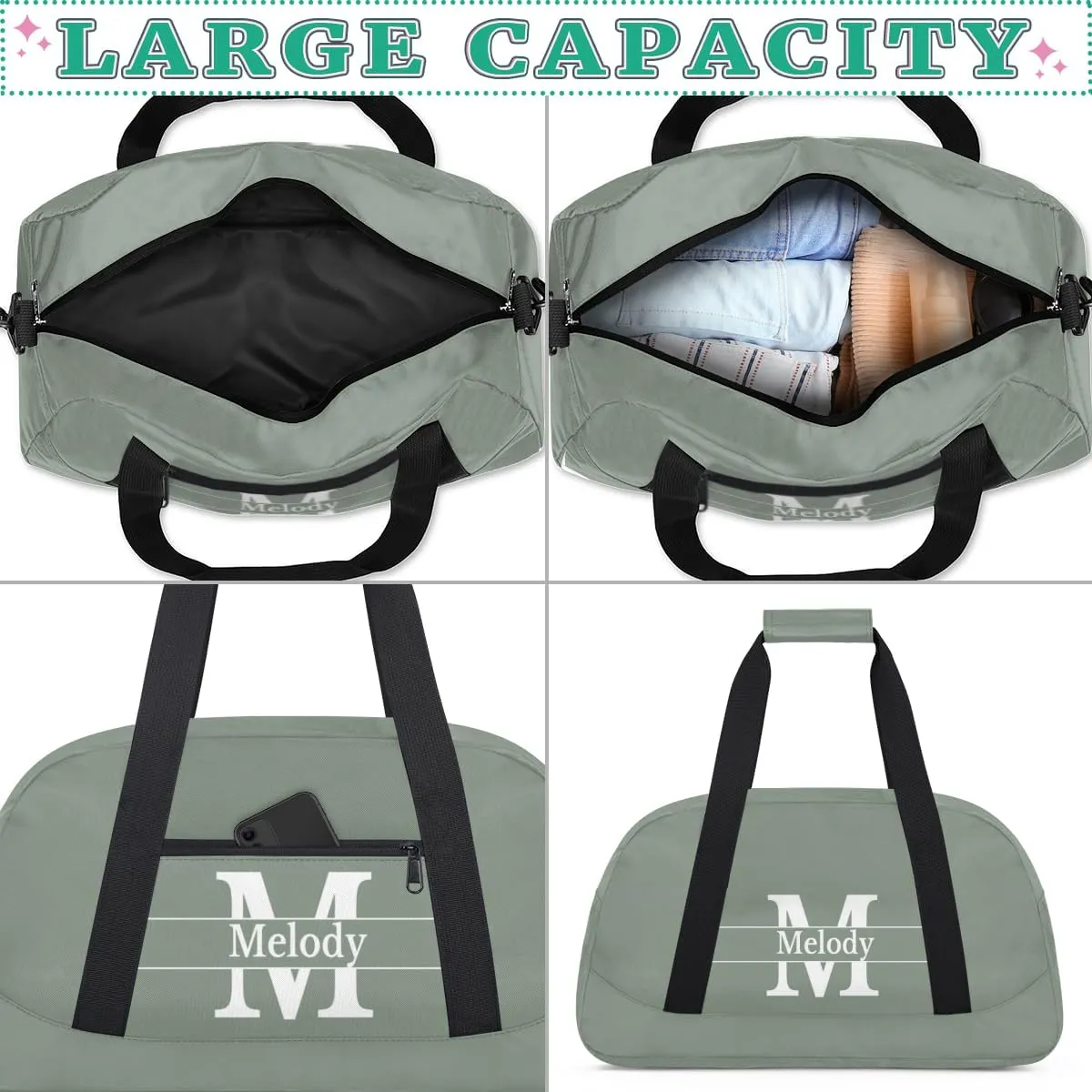 Custom Name Dance Bag, Personalized Dark Matcha Green Background with Initial Name Gymnastics Sport Cheerleader Bag, Barrel Ballet Duffel Bag Women