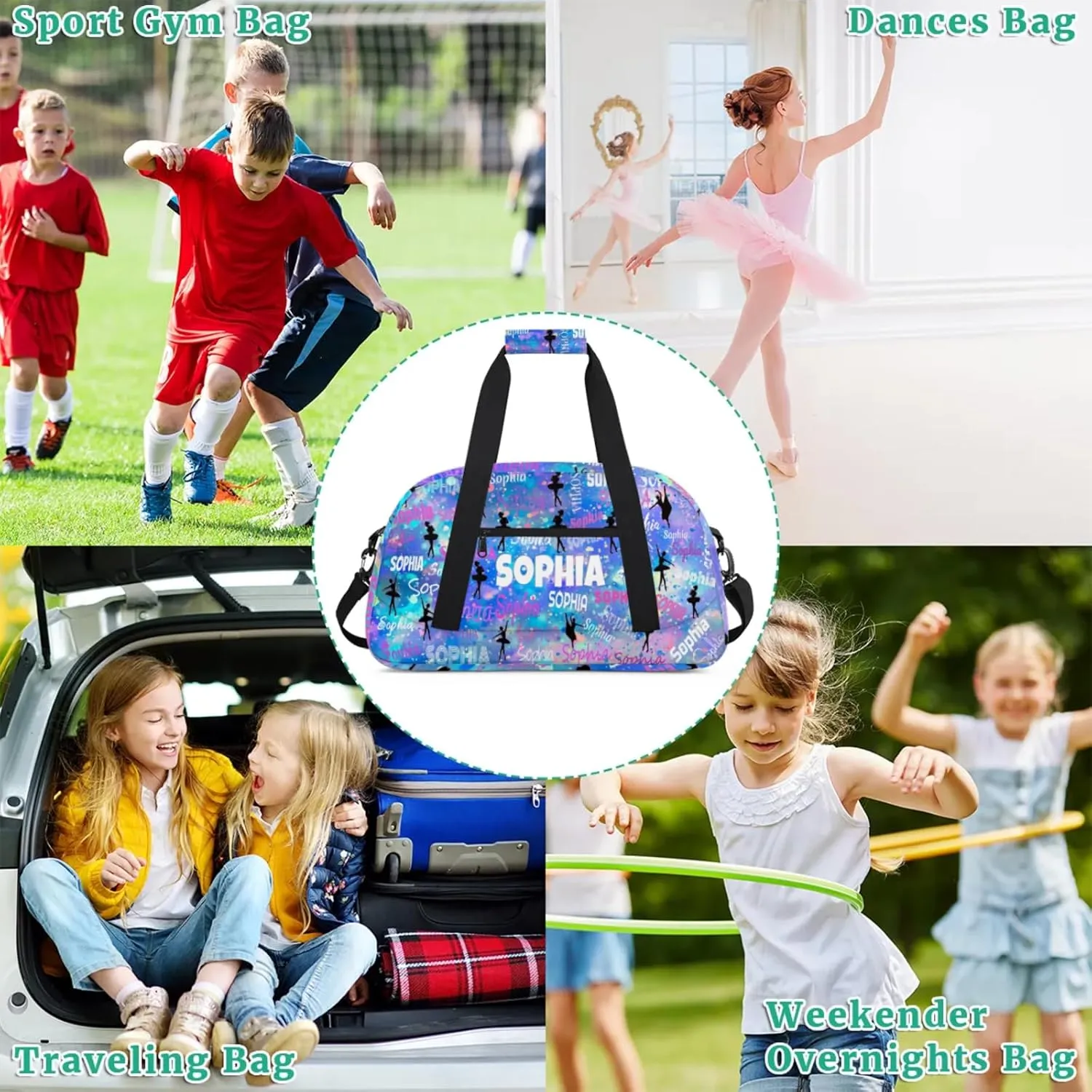 Custom Name Dance Bag, Personalized Name Gymnastics Sport Weekender Bag, Barrel Ballet Bag Women, Watercolor Painted Blue Galaxy Background