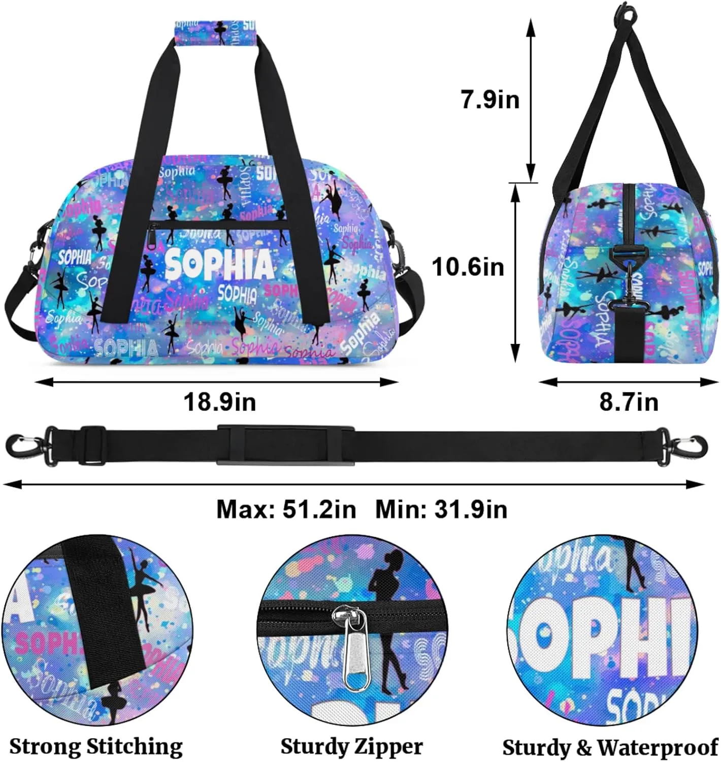 Custom Name Dance Bag, Personalized Name Gymnastics Sport Weekender Bag, Barrel Ballet Bag Women, Watercolor Painted Blue Galaxy Background