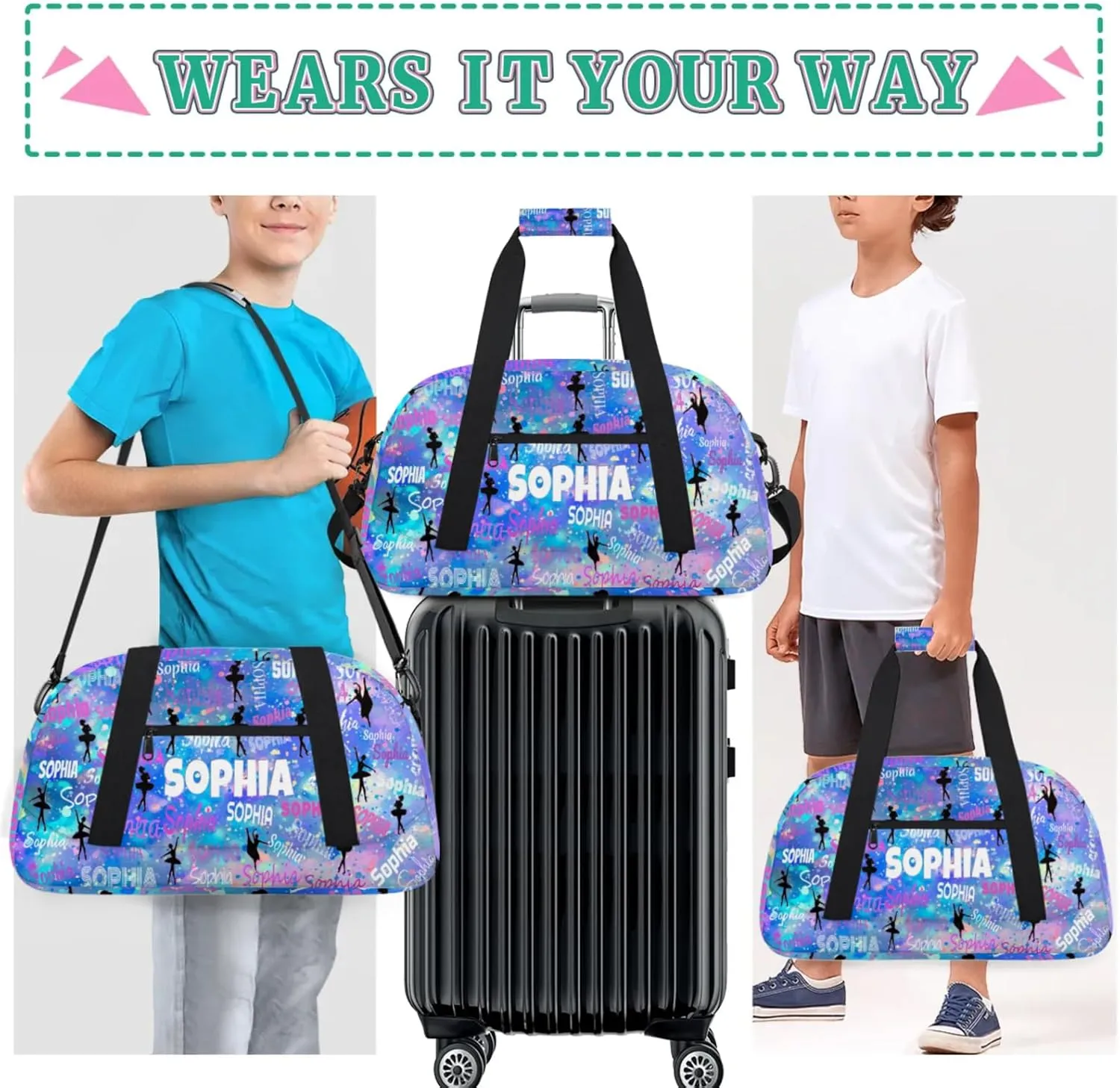 Custom Name Dance Bag, Personalized Name Gymnastics Sport Weekender Bag, Barrel Ballet Bag Women, Watercolor Painted Blue Galaxy Background