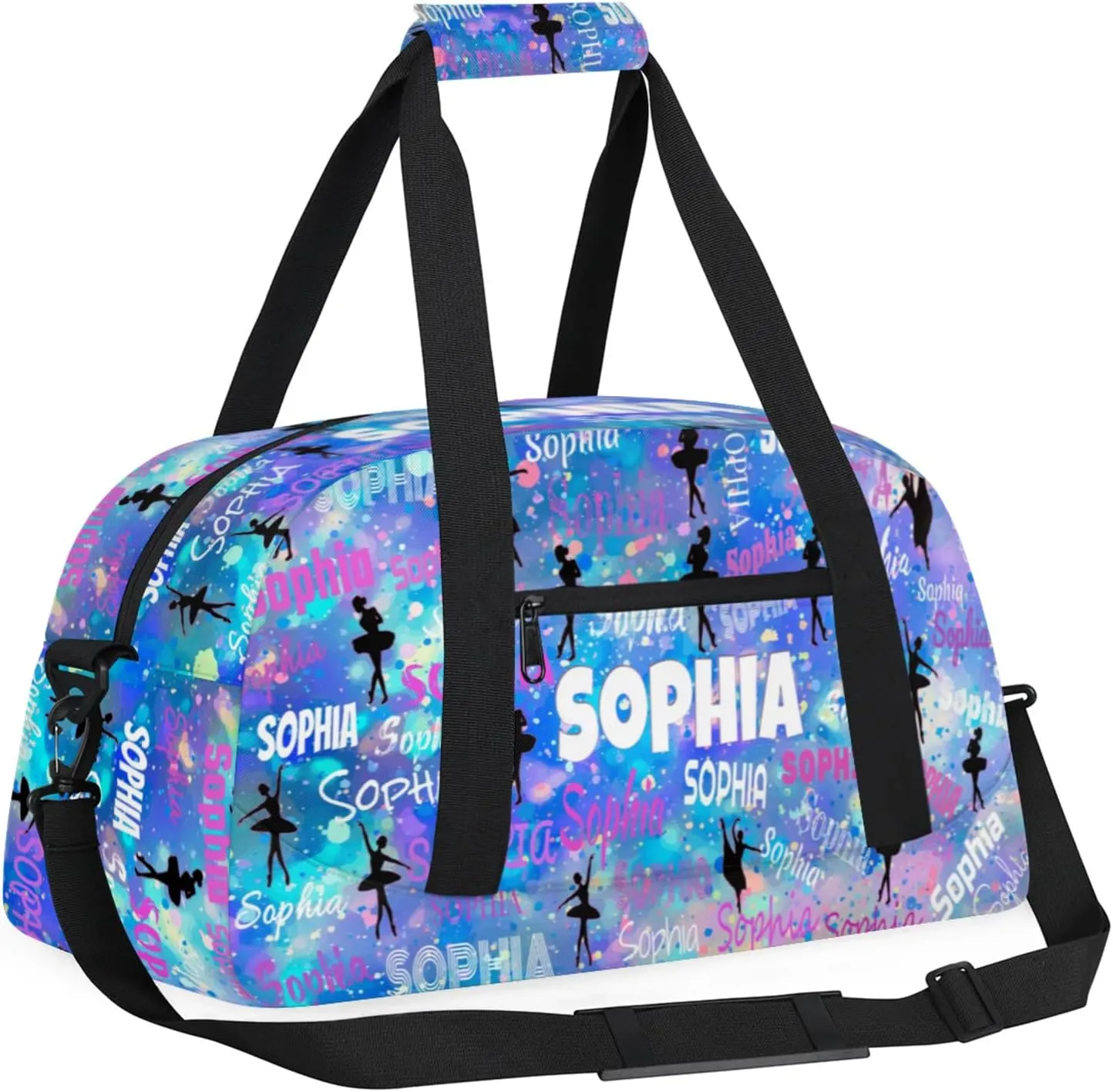 Custom Name Dance Bag, Personalized Name Gymnastics Sport Weekender Bag, Barrel Ballet Bag Women, Watercolor Painted Blue Galaxy Background