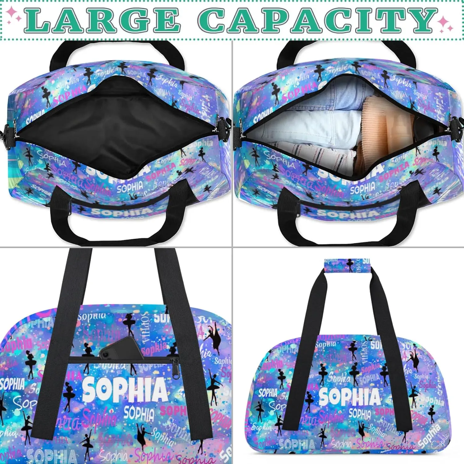 Custom Name Dance Bag, Personalized Name Gymnastics Sport Weekender Bag, Barrel Ballet Bag Women, Watercolor Painted Blue Galaxy Background