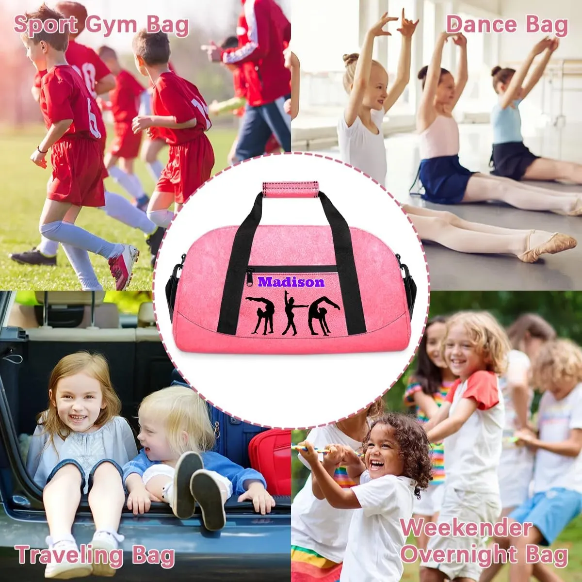 Custom Name Gym Bags for Girls, Pink PU Leather Glittering Overnight Duffel Bags Dancing Cheerleaders Personalized Sport Gym Bag Travel Practice Gymnastics Duffel Bag
