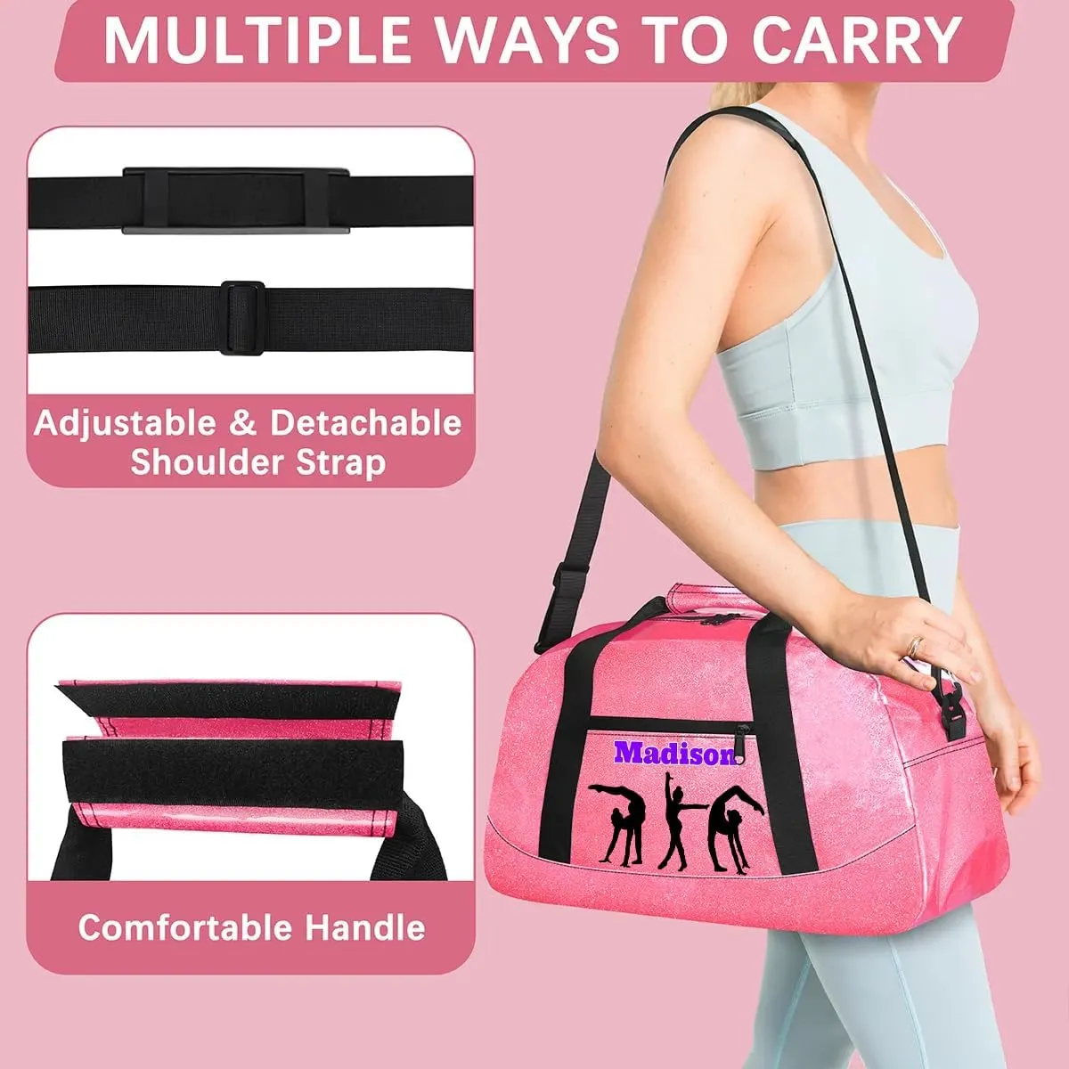 Custom Name Gym Bags for Girls, Pink PU Leather Glittering Overnight Duffel Bags Dancing Cheerleaders Personalized Sport Gym Bag Travel Practice Gymnastics Duffel Bag