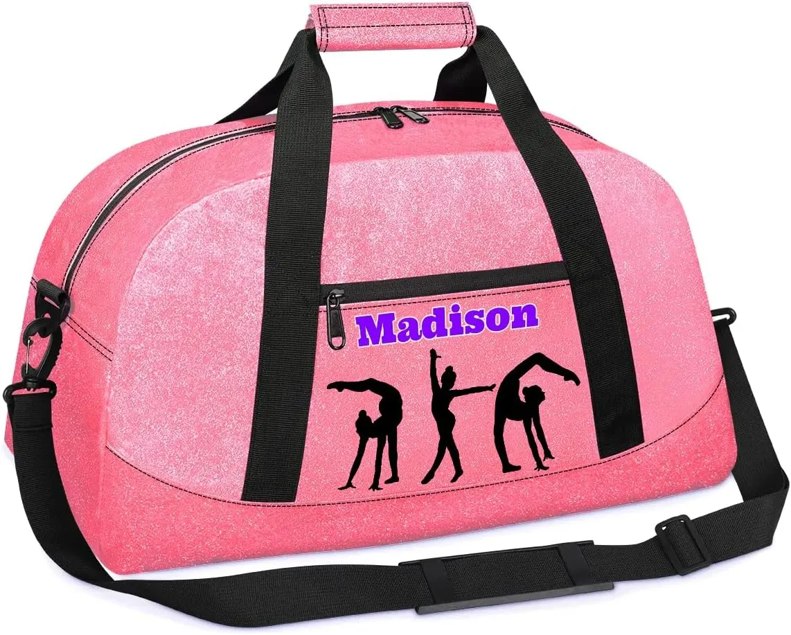 Custom Name Gym Bags for Girls, Pink PU Leather Glittering Overnight Duffel Bags Dancing Cheerleaders Personalized Sport Gym Bag Travel Practice Gymnastics Duffel Bag