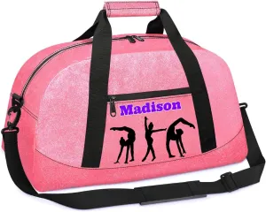 Custom Name Gym Bags for Girls, Pink PU Leather Glittering Overnight Duffel Bags Dancing Cheerleaders Personalized Sport Gym Bag Travel Practice Gymnastics Duffel Bag