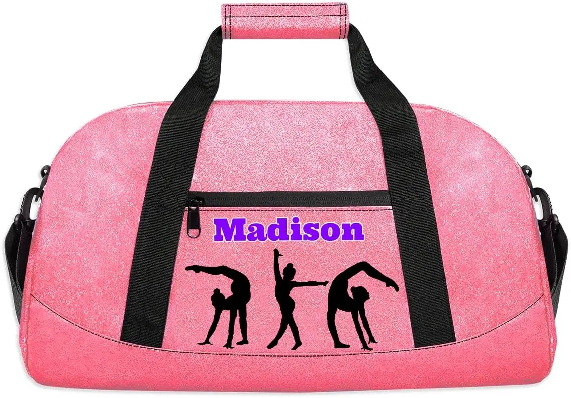 Custom Name Gym Bags for Girls, Pink PU Leather Glittering Overnight Duffel Bags Dancing Cheerleaders Personalized Sport Gym Bag Travel Practice Gymnastics Duffel Bag
