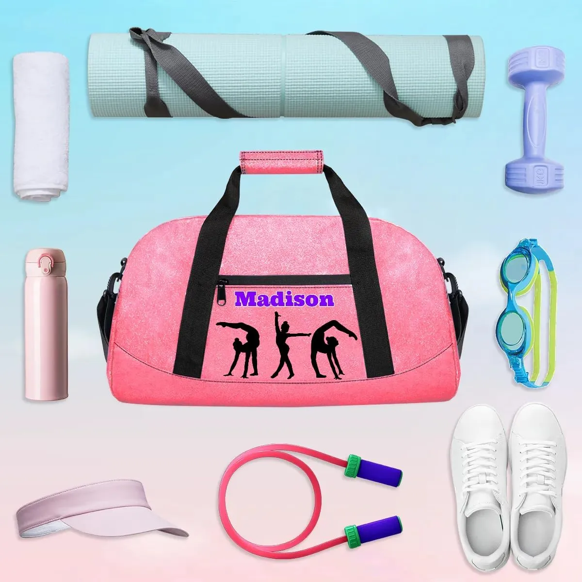 Custom Name Gym Bags for Girls, Pink PU Leather Glittering Overnight Duffel Bags Dancing Cheerleaders Personalized Sport Gym Bag Travel Practice Gymnastics Duffel Bag