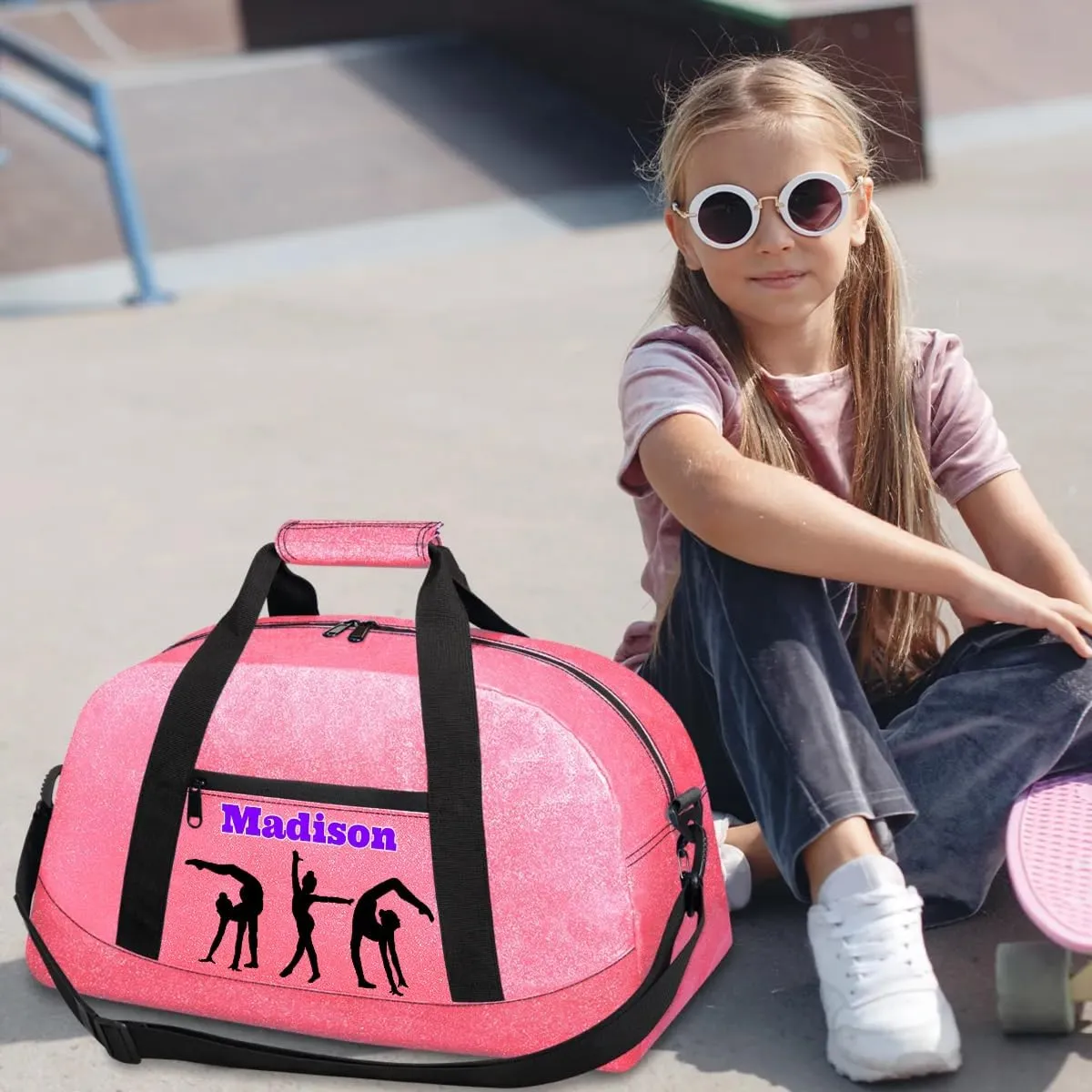 Custom Name Gym Bags for Girls, Pink PU Leather Glittering Overnight Duffel Bags Dancing Cheerleaders Personalized Sport Gym Bag Travel Practice Gymnastics Duffel Bag