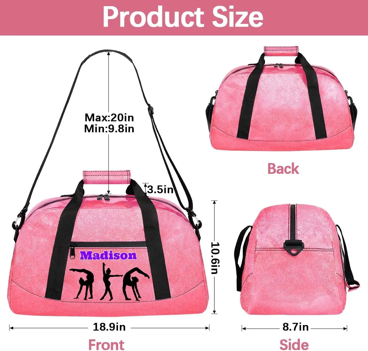 Custom Name Gym Bags for Girls, Pink PU Leather Glittering Overnight Duffel Bags Dancing Cheerleaders Personalized Sport Gym Bag Travel Practice Gymnastics Duffel Bag