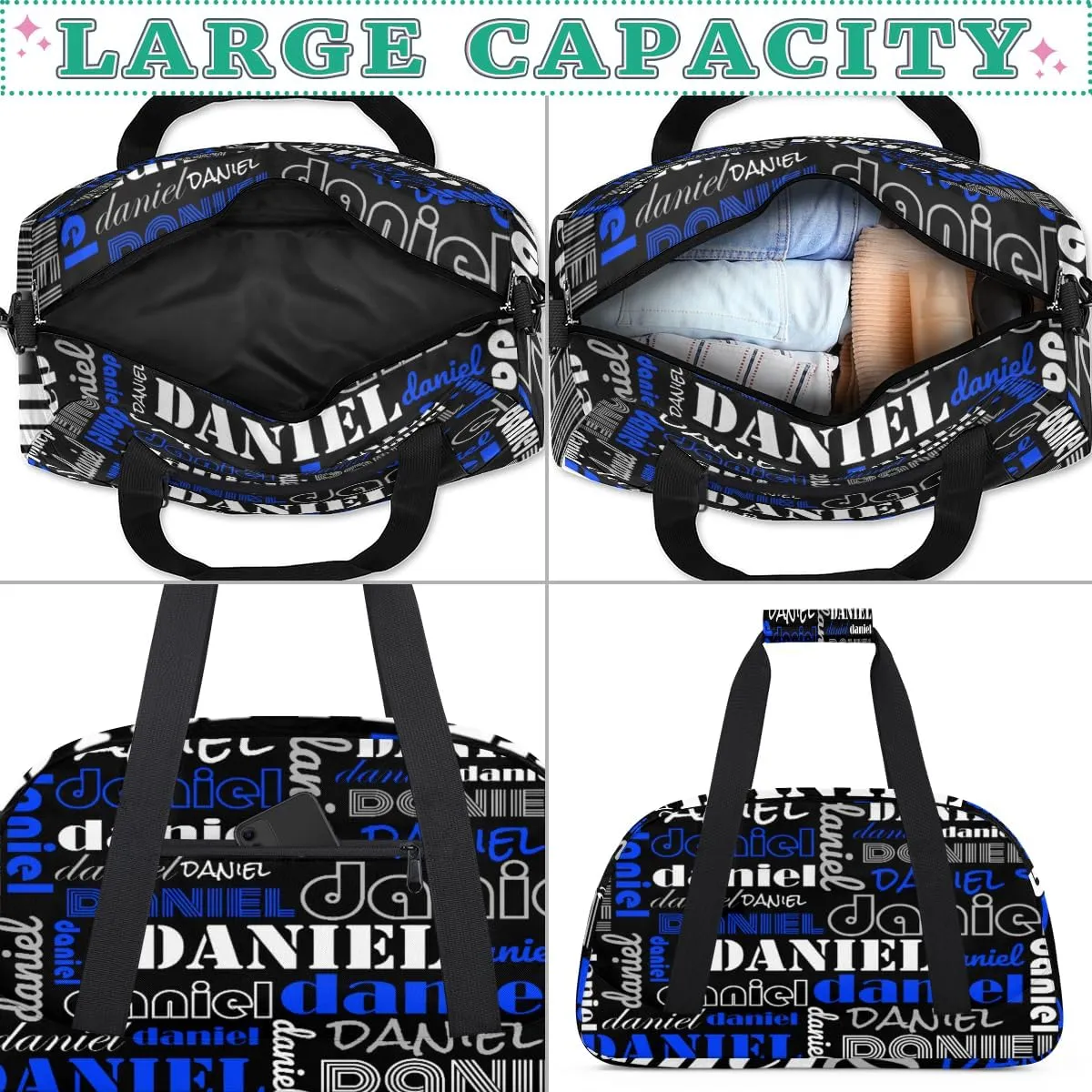 Custom Name Kids Gym Sport Bag for Boys Girls, Personalized Gymnastics Ballet Dance Bag Customized Small Duffel Travel Bag Teen Weekender Overnight Bag, Black Blue White