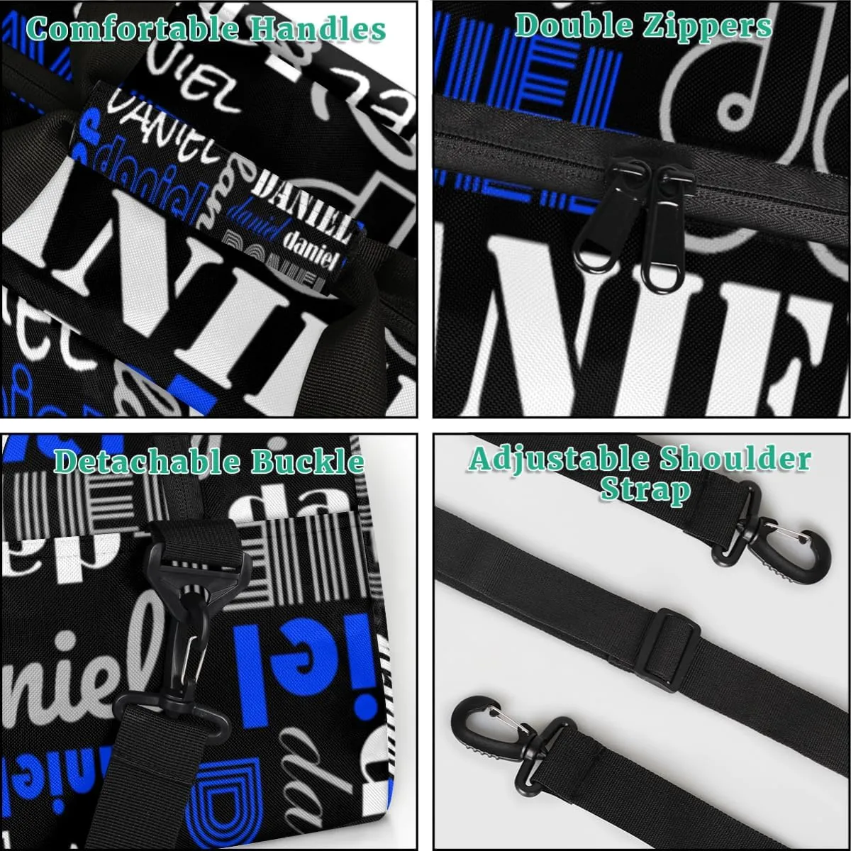 Custom Name Kids Gym Sport Bag for Boys Girls, Personalized Gymnastics Ballet Dance Bag Customized Small Duffel Travel Bag Teen Weekender Overnight Bag, Black Blue White