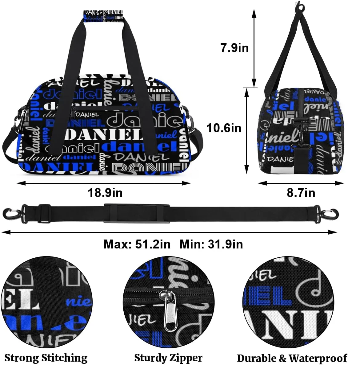 Custom Name Kids Gym Sport Bag for Boys Girls, Personalized Gymnastics Ballet Dance Bag Customized Small Duffel Travel Bag Teen Weekender Overnight Bag, Black Blue White