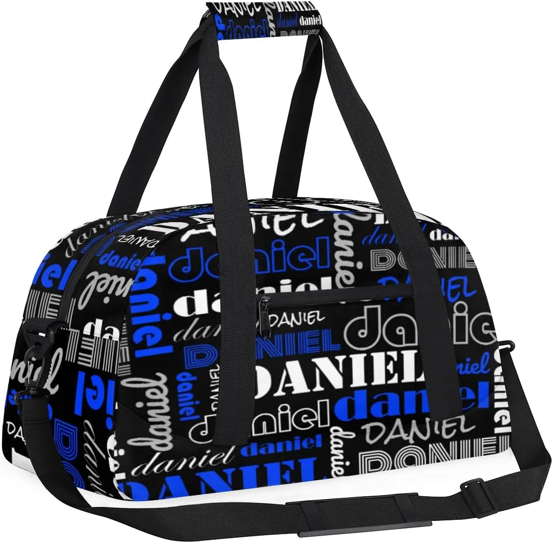 Custom Name Kids Gym Sport Bag for Boys Girls, Personalized Gymnastics Ballet Dance Bag Customized Small Duffel Travel Bag Teen Weekender Overnight Bag, Black Blue White